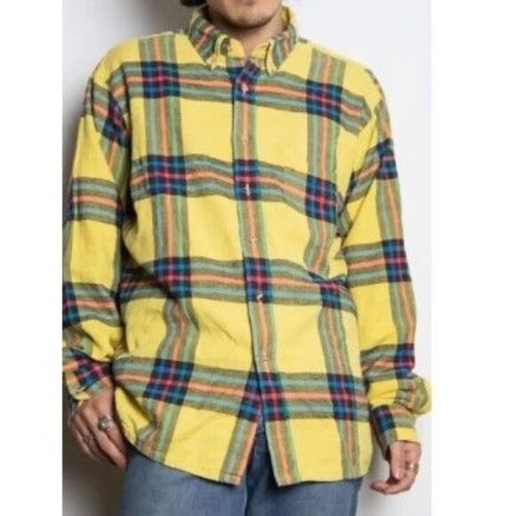 Vtg 90s Van Heusen Yellow Plaid Button-Down Long Sleeve Shirt Winterweights Sz M - Picture 6 of 6